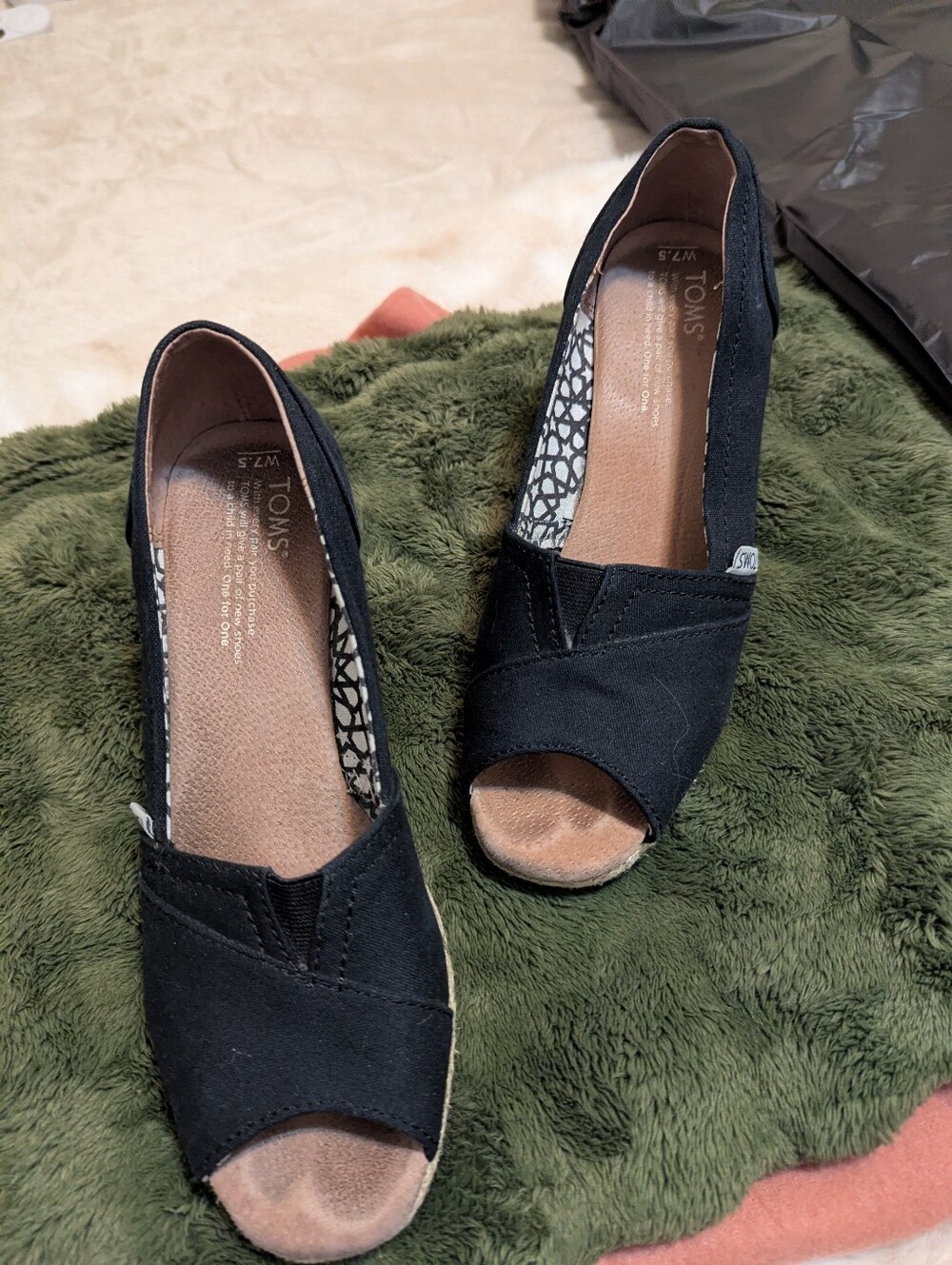 Toms Black Peep-Toe Canvas Wedge Pumps